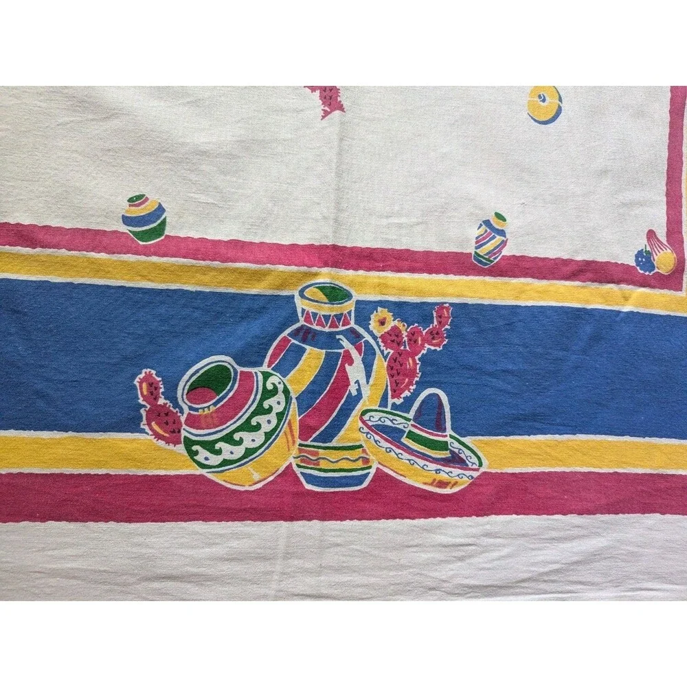 Vtg Startex Southwest Mexico Printed Tablecloth Sombrero Cactus Pottery 50x46